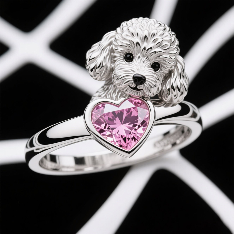 Anyes Poodle Embraces Love Pink Heart Cocktail Ring