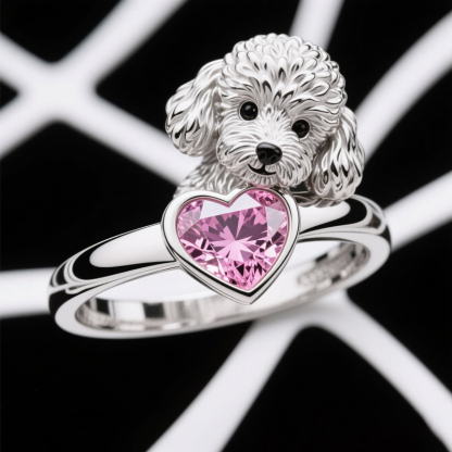 Anyes Poodle Embraces Love Pink Heart Cocktail Ring