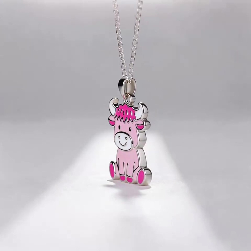 Anyes Pink Enamel Strawberry Highland Cow Necklace