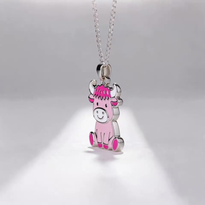 Anyes Pink Enamel Strawberry Highland Cow Necklace