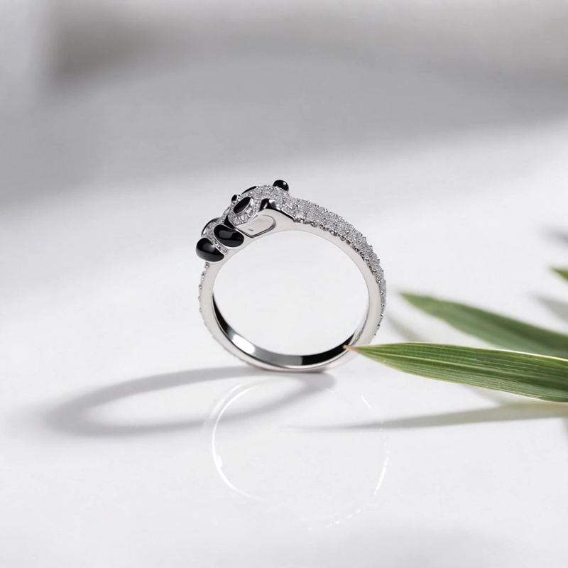 Anyes Panda Black Enamel Cocktail Ring