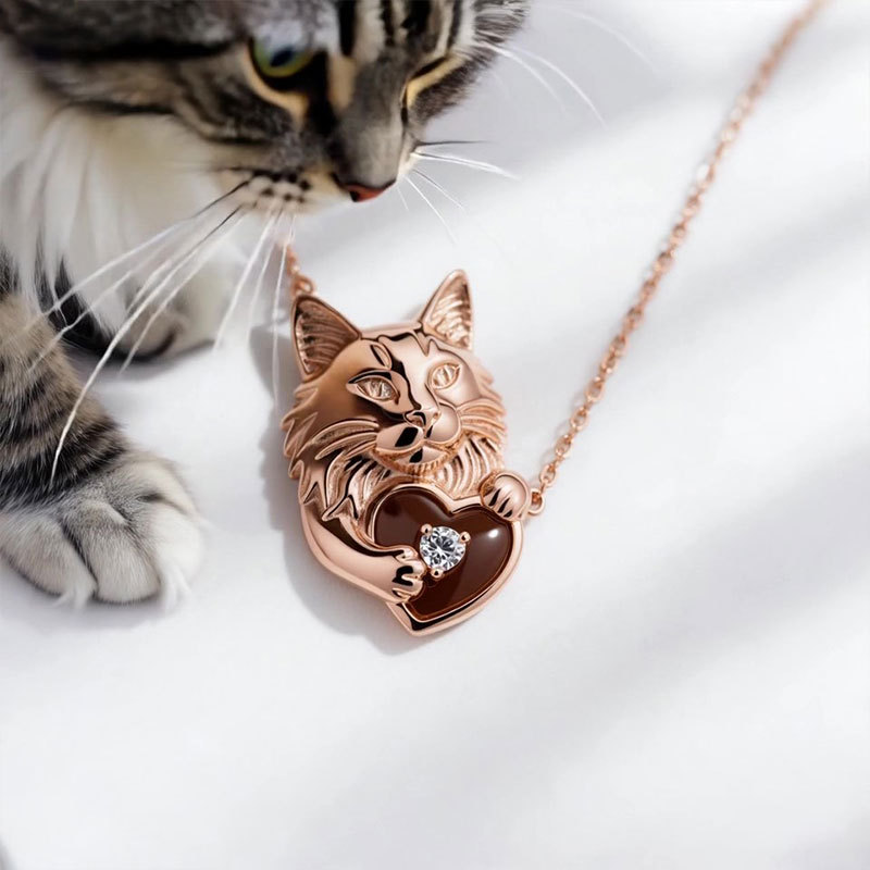Anyes Round Cut Brown Enamel Heart Shape Maine Coon Necklace