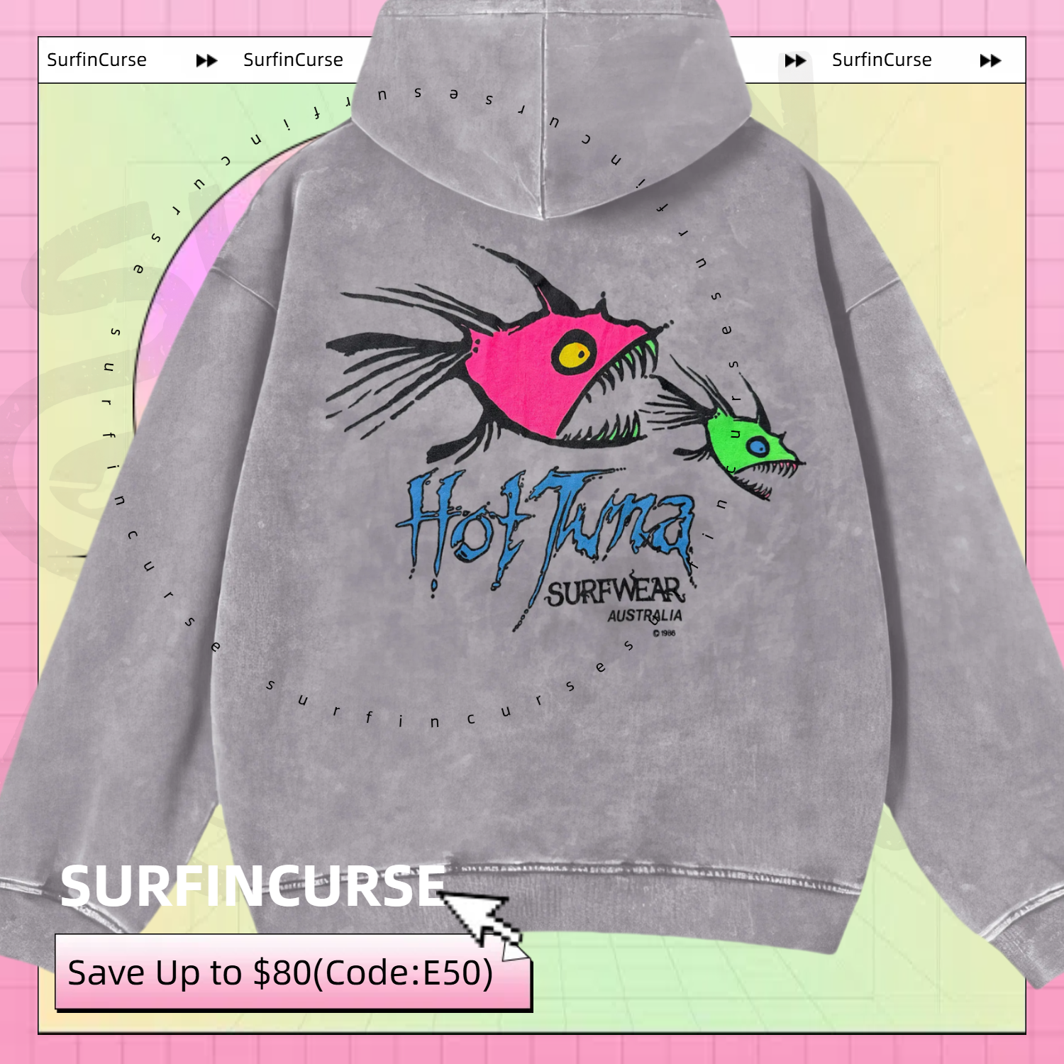 Vintage Surf Printed Unisex Washed Hoodie