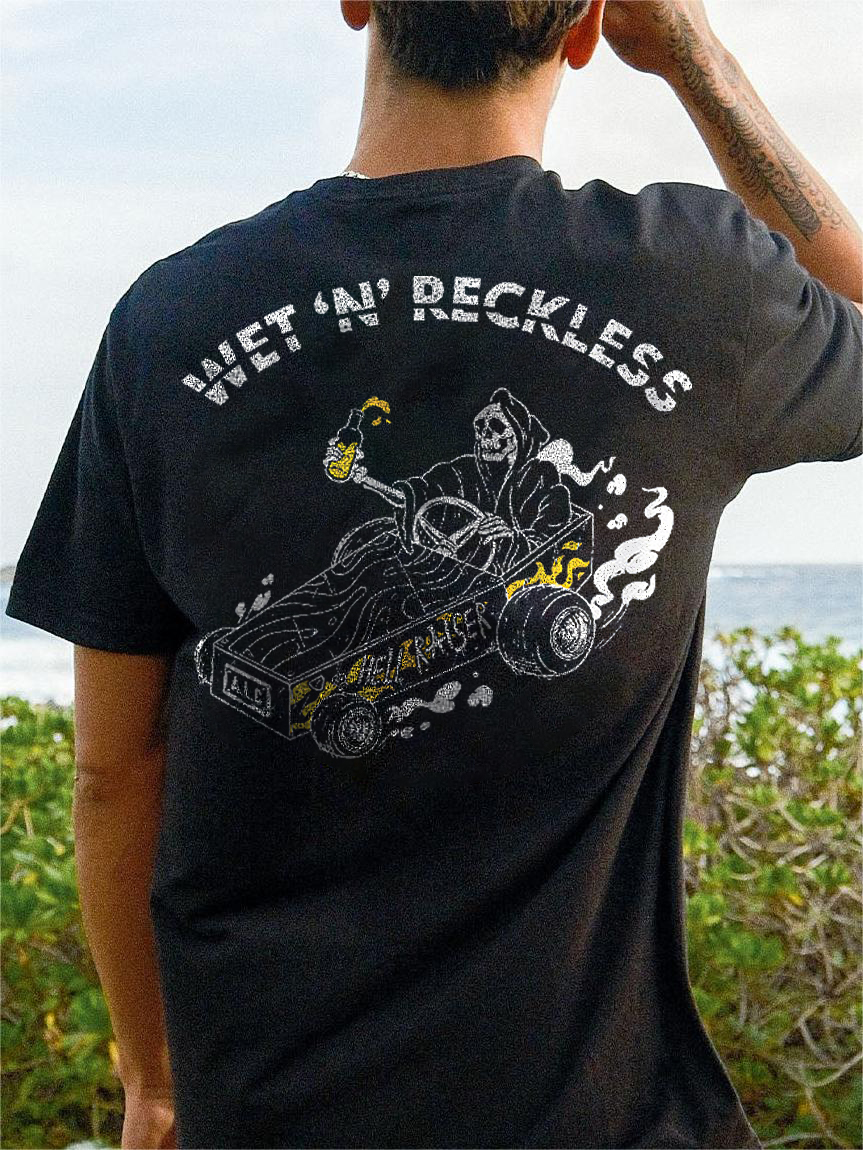 Wet ��N�� Reckless Skeleton Graphics Men's Short Sleeves T-shirt-{surfincurse}