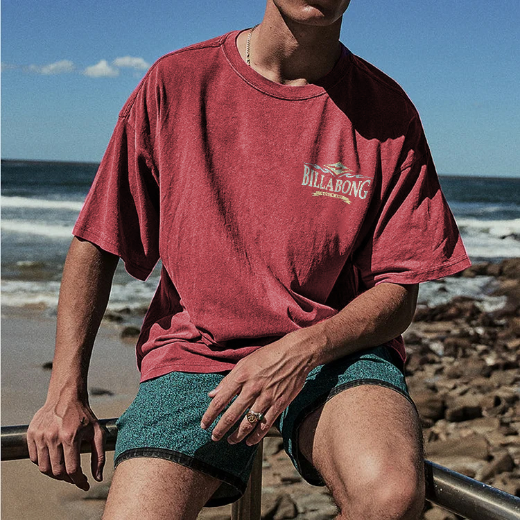 Acid Washed Printed Sandbeach Men's T-shirt --Ruby Image - 2