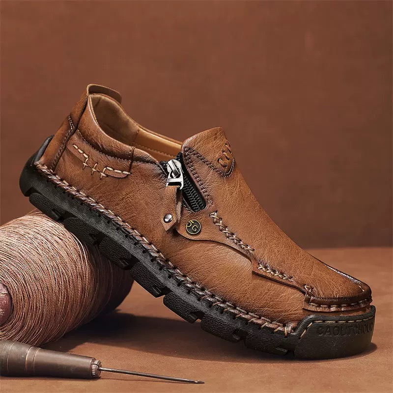 Men Handmade Cowhide Arch Support Zipper Loafers