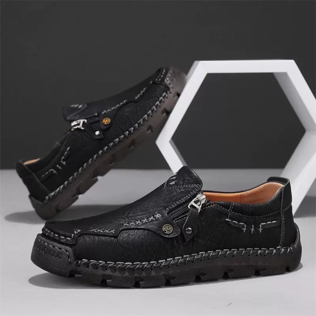Men Handmade Cowhide Arch Support Zipper Loafers