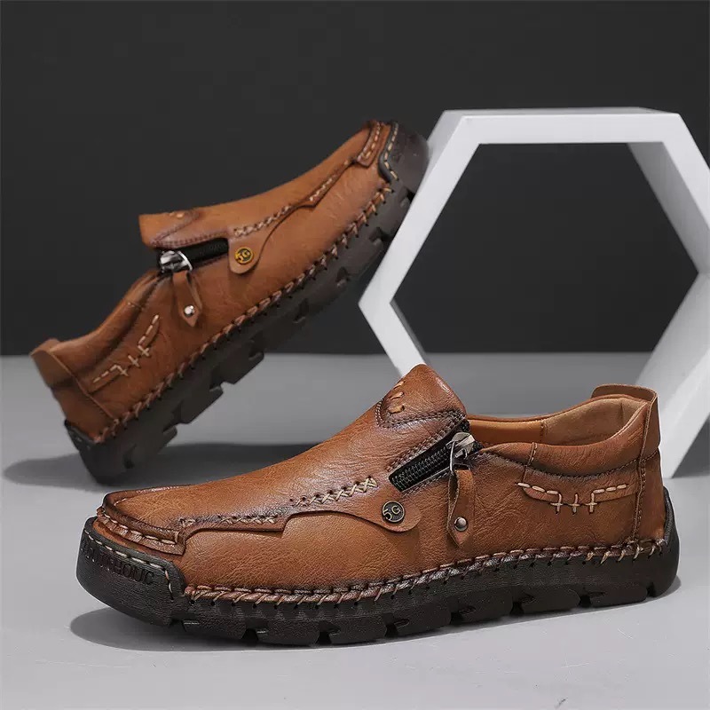 Men Handmade Cowhide Arch Support Zipper Loafers