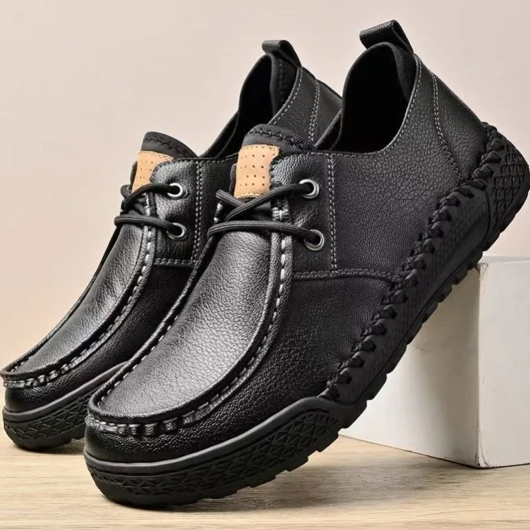 Men's Casual Leather Driving Shoes – Handmade Stitching, Lightweight Low-Top Lace-Up Loafers