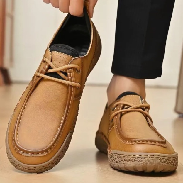 Men's Casual Leather Driving Shoes – Handmade Stitching, Lightweight Low-Top Lace-Up Loafers