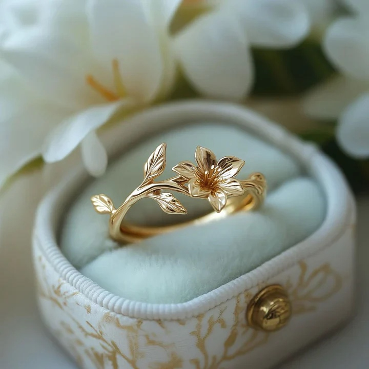 Cherry Blossom Ring with Branches and Leaves