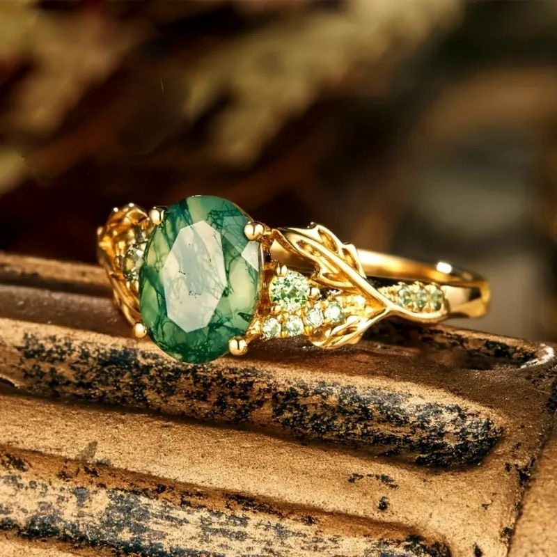 Vintage Forest Natural Green Agate Ring
