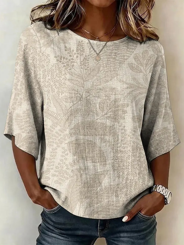 Women Crew Neck Half Sleeve Leaf Print Casual Blouse
