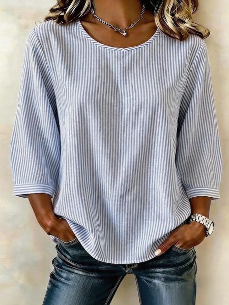 Crew Neck Long Sleeve Striped Lightweight Loose Shirt For Women