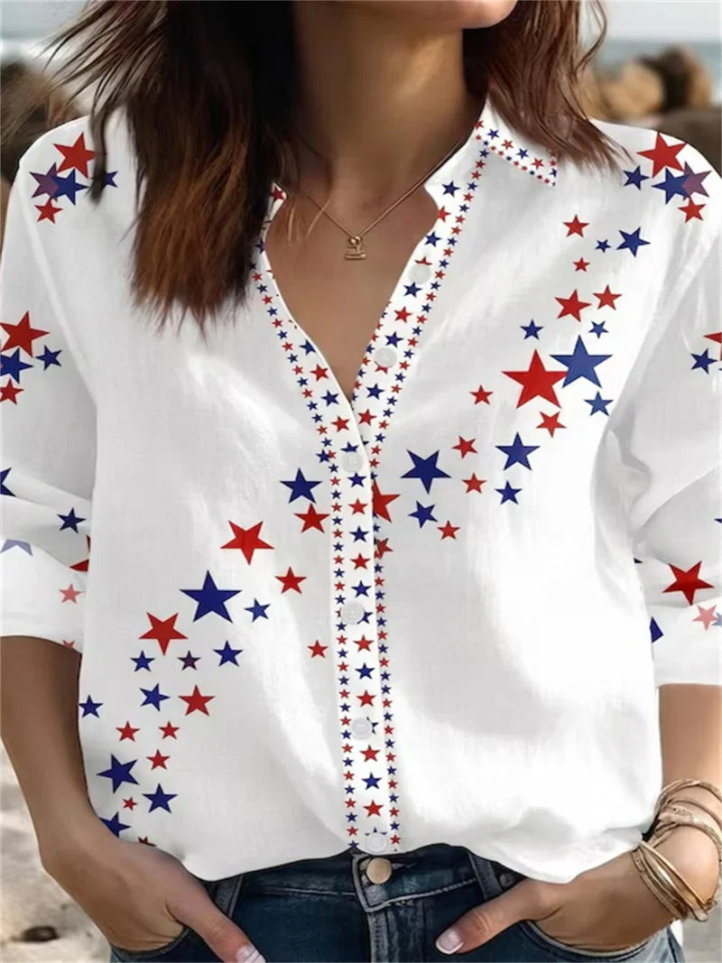 Women's America 250th Anniversary White Linen Star Print V Neck Long Sleeve Shirt