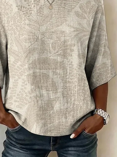 Women Crew Neck Half Sleeve Leaf Print Casual Blouse