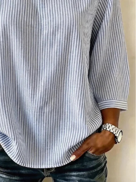 Crew Neck Long Sleeve Striped Lightweight Loose Shirt For Women