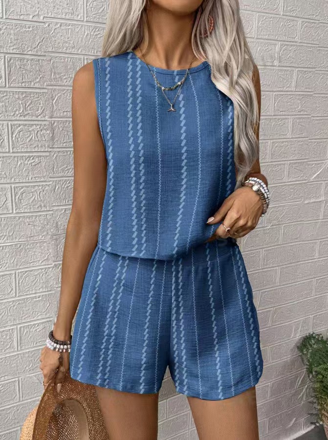 Women's striped sleeveless vest and shorts two-piece set