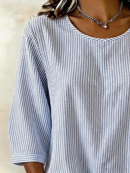 Crew Neck Long Sleeve Striped Lightweight Loose Shirt For Women