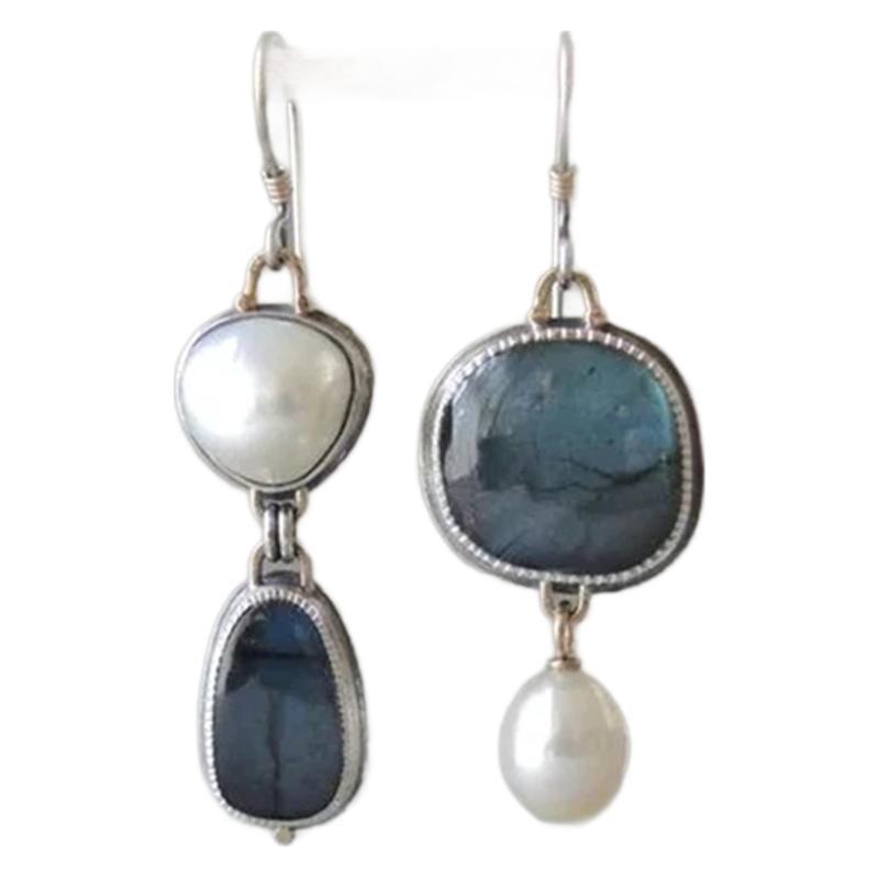 Asymmetrical blue-purple agate inlaid earrings