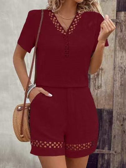 Women's V-neck patchwork short-sleeved shorts solid color suit