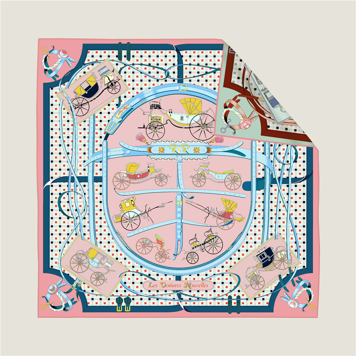 Double-sided silk scarf with belt and carriage chain pattern