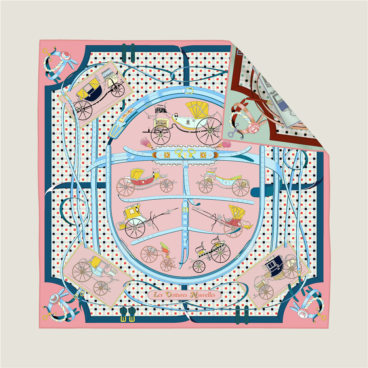 Double-sided silk scarf with belt and carriage chain pattern