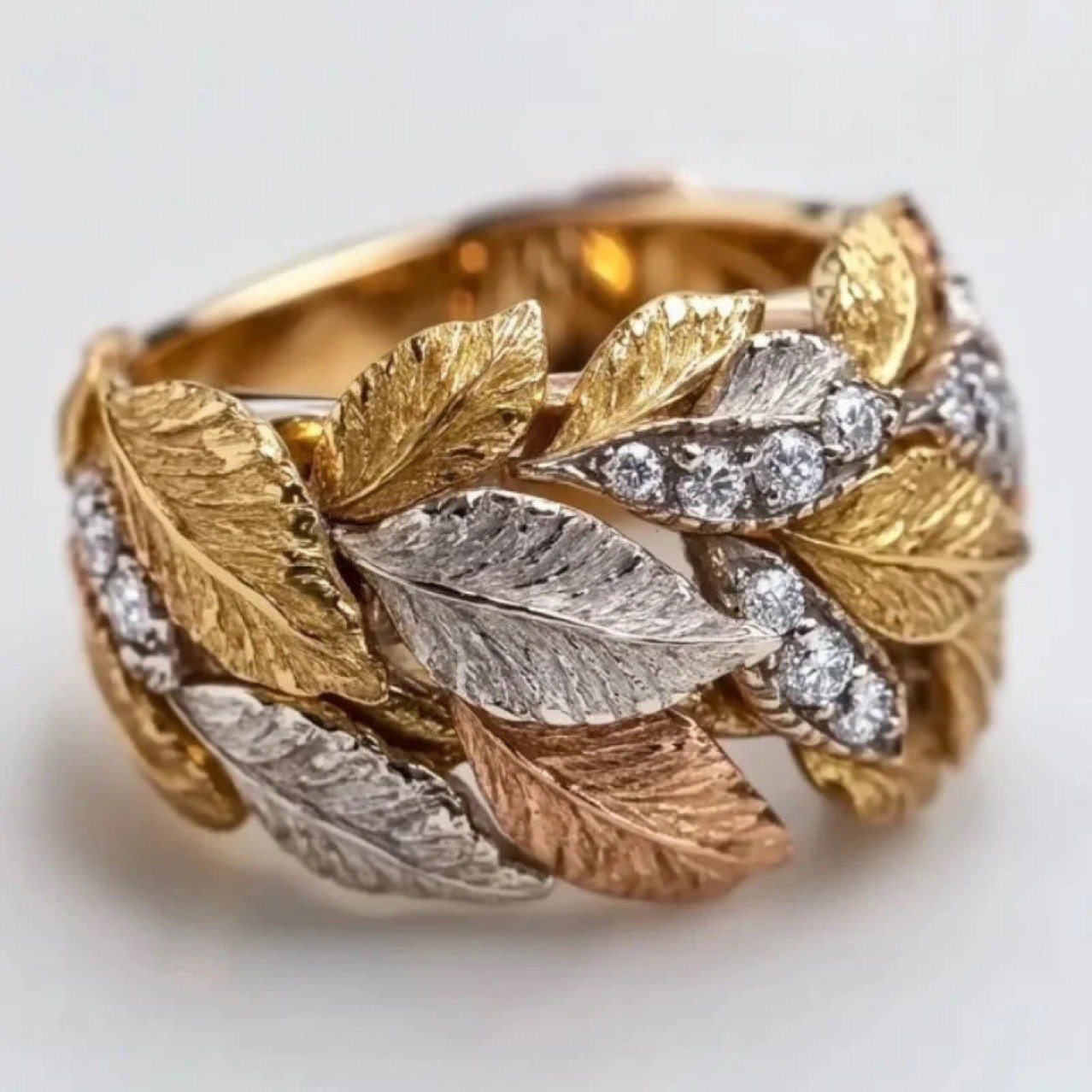 Weaving pattern carved gold handmade brushed maple leaf ring