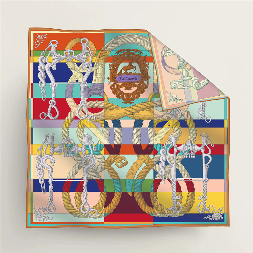 Colorblock Rope and Chain Double-Sided Patterned Silk Scarf