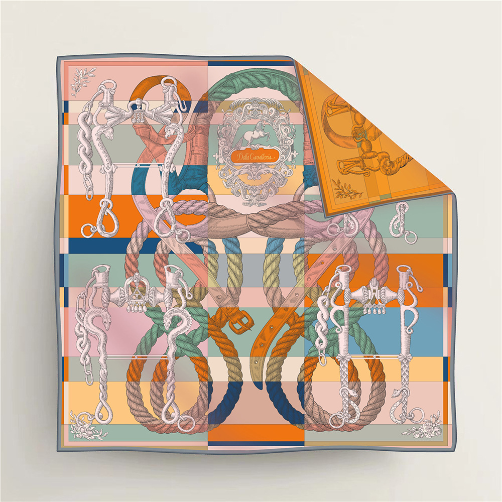 Colorblock Rope and Chain Double-Sided Patterned Silk Scarf