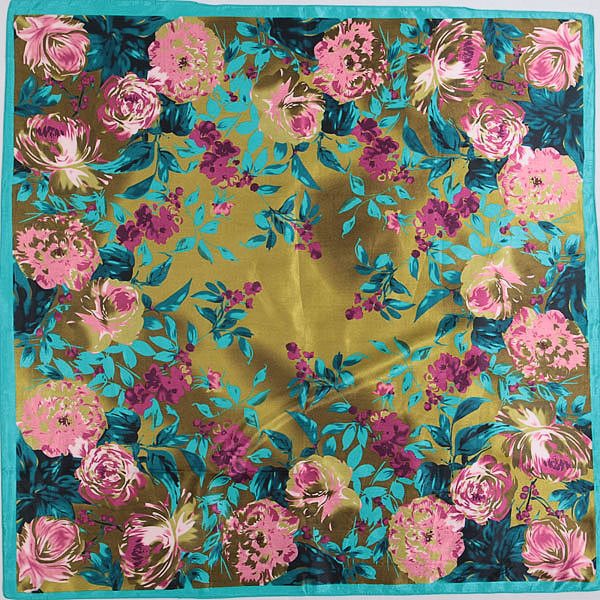 Square silk scarf with golden floral pattern