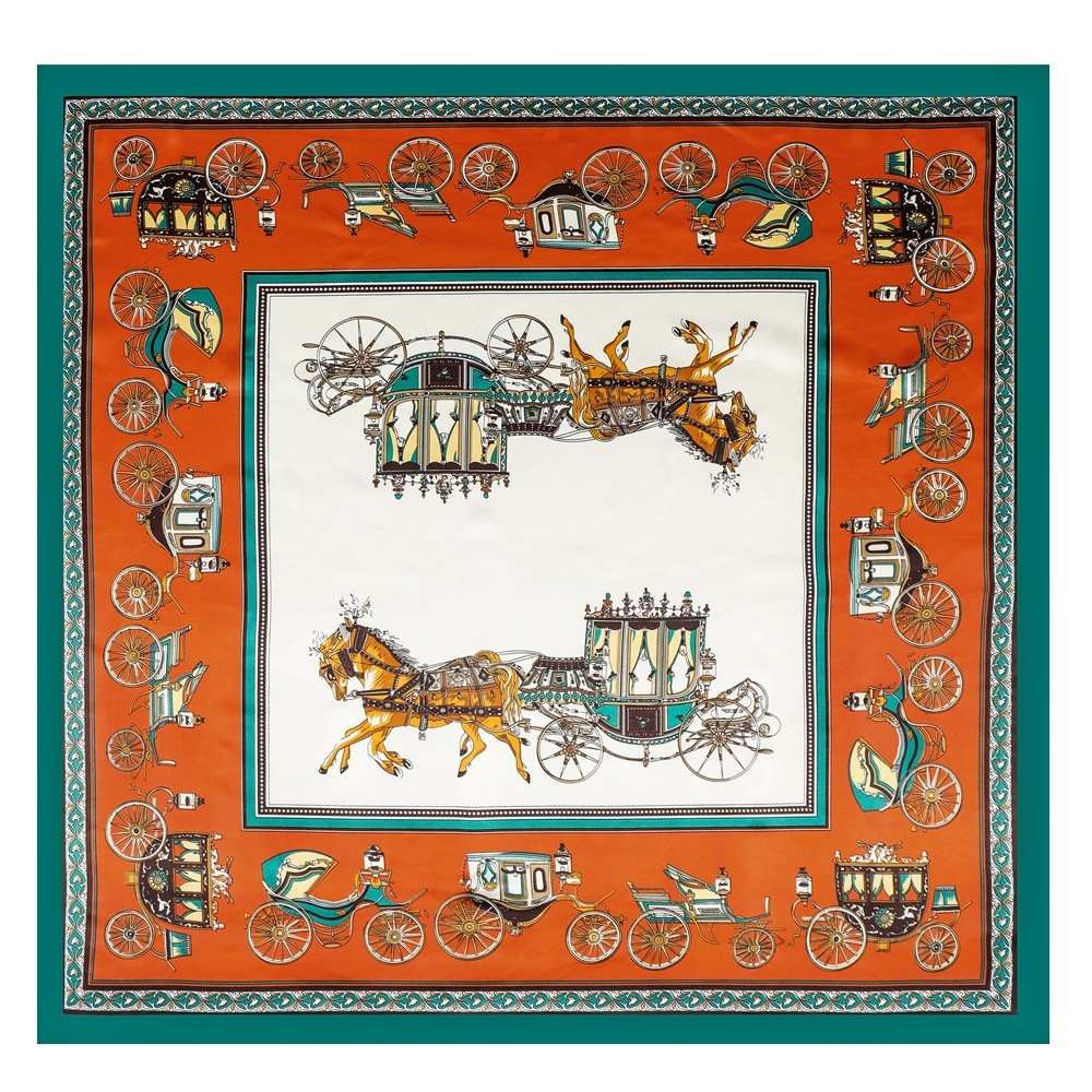 Square silk scarf with carriage pattern