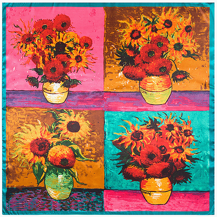Sunflower oil painting style square silk scarf