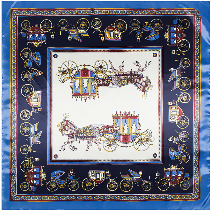 Blue horse and carriage pattern square silk scarf