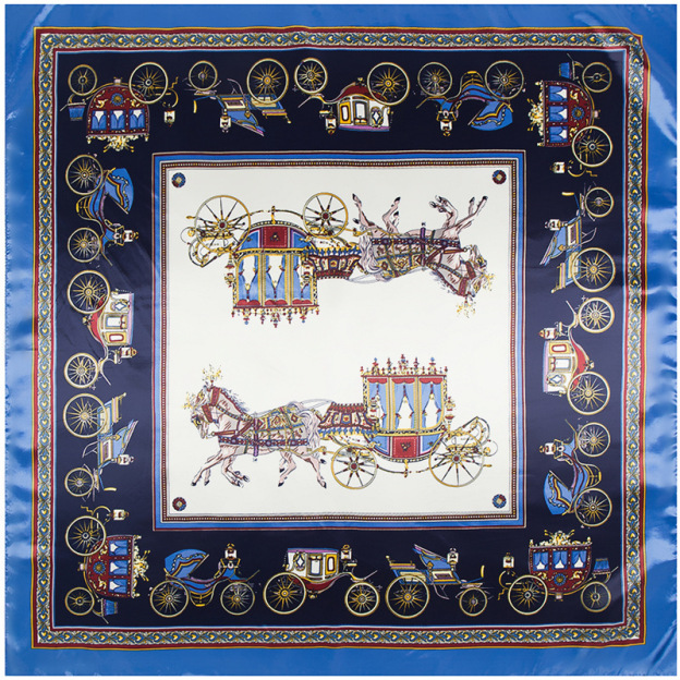 Blue horse and carriage pattern square silk scarf