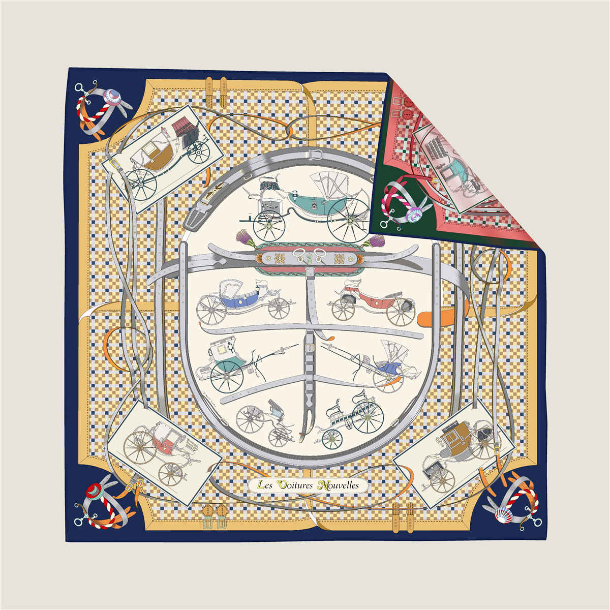 Double-sided silk scarf with belt and carriage chain pattern