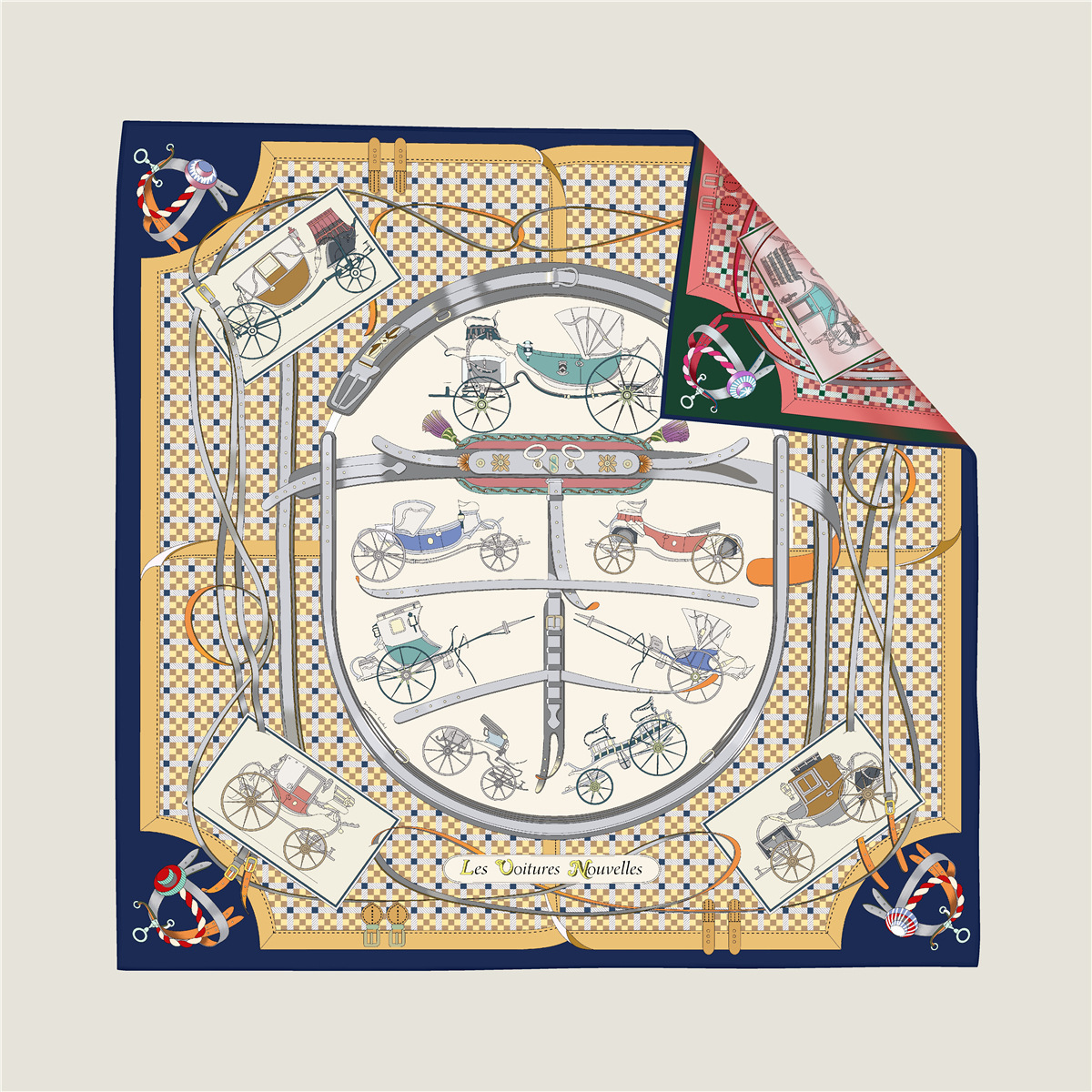 Double-sided silk scarf with belt and carriage chain pattern