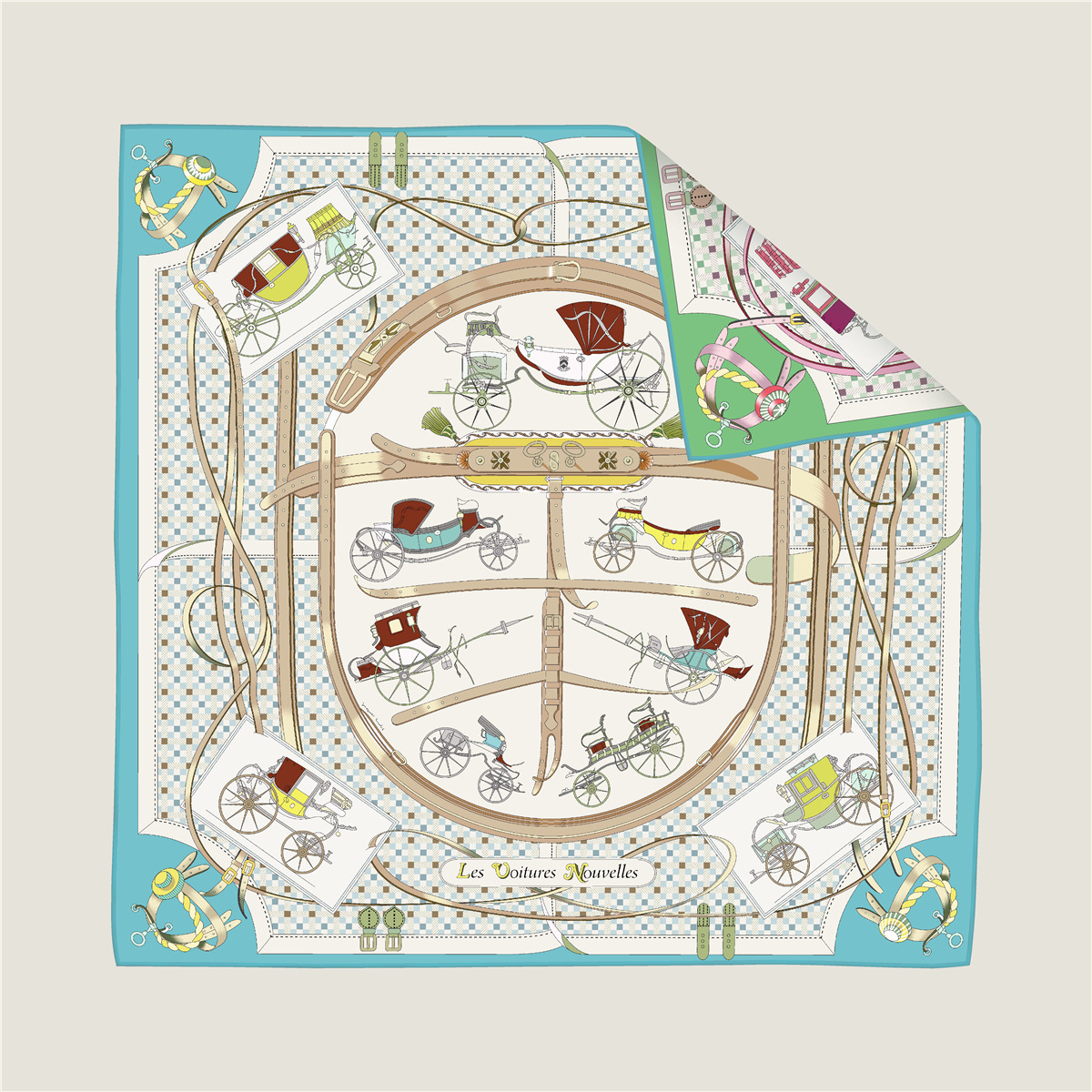 Double-sided silk scarf with belt and carriage chain pattern