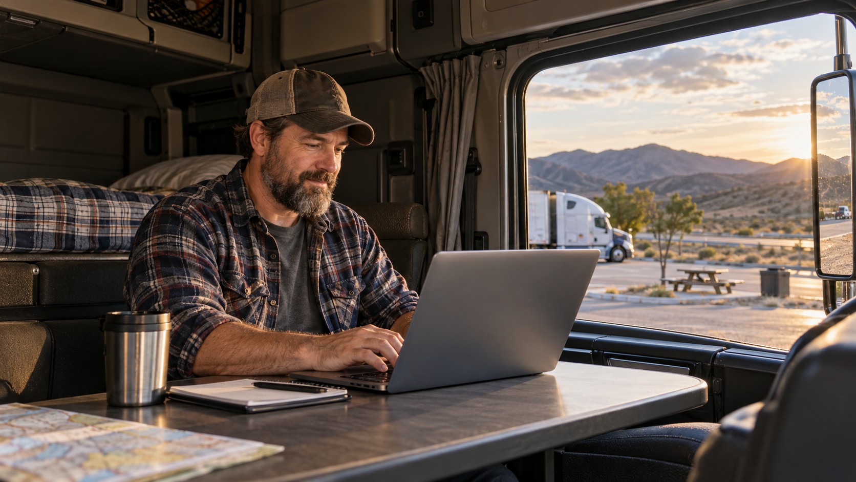 AI-generated editorial image of a truck driver using a laptop in a parked sleeper cab during a road-trip rest stop