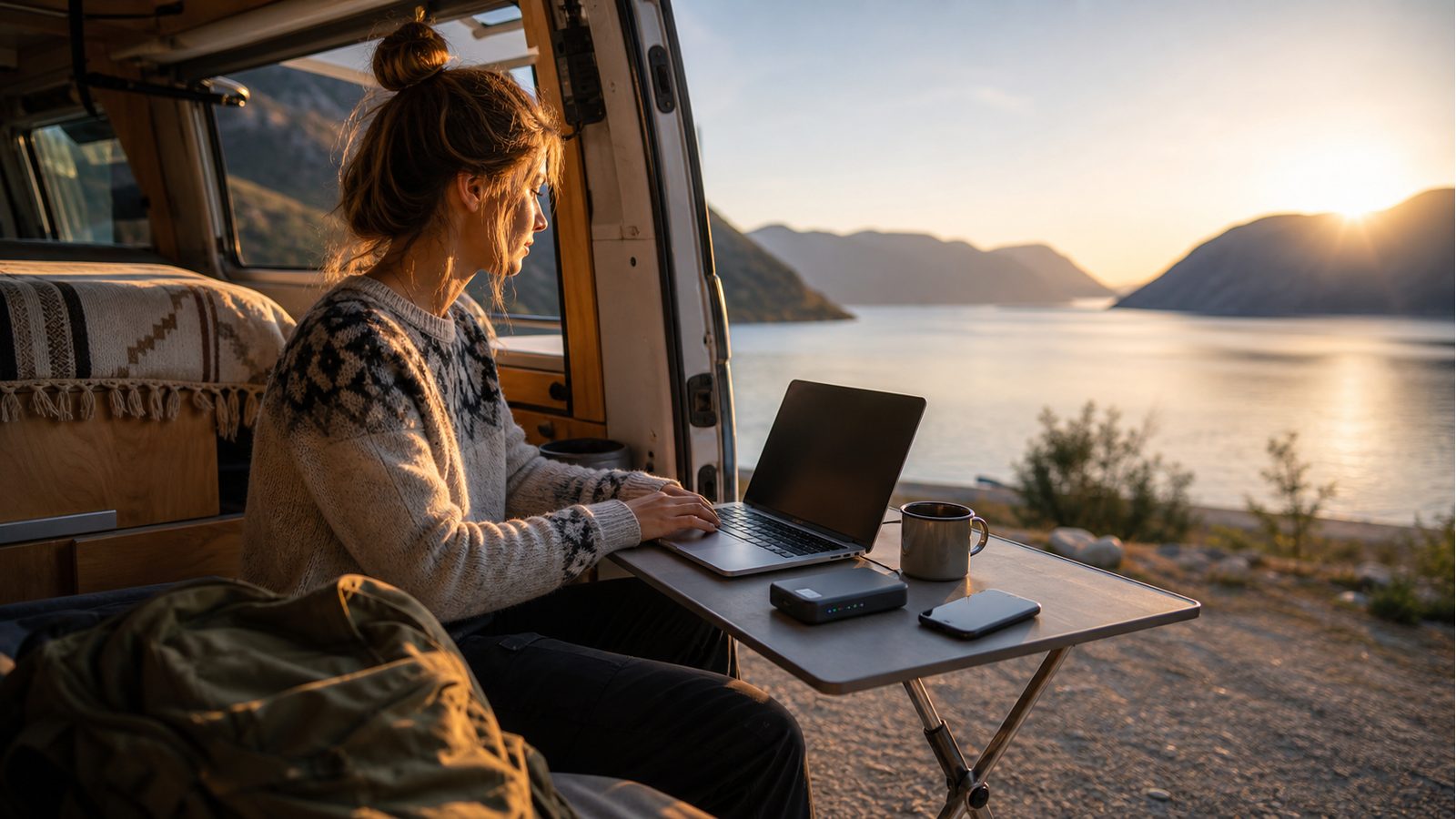 Remote worker using a laptop in a camper van by a lake with portable WiFi for mobile work and RV life