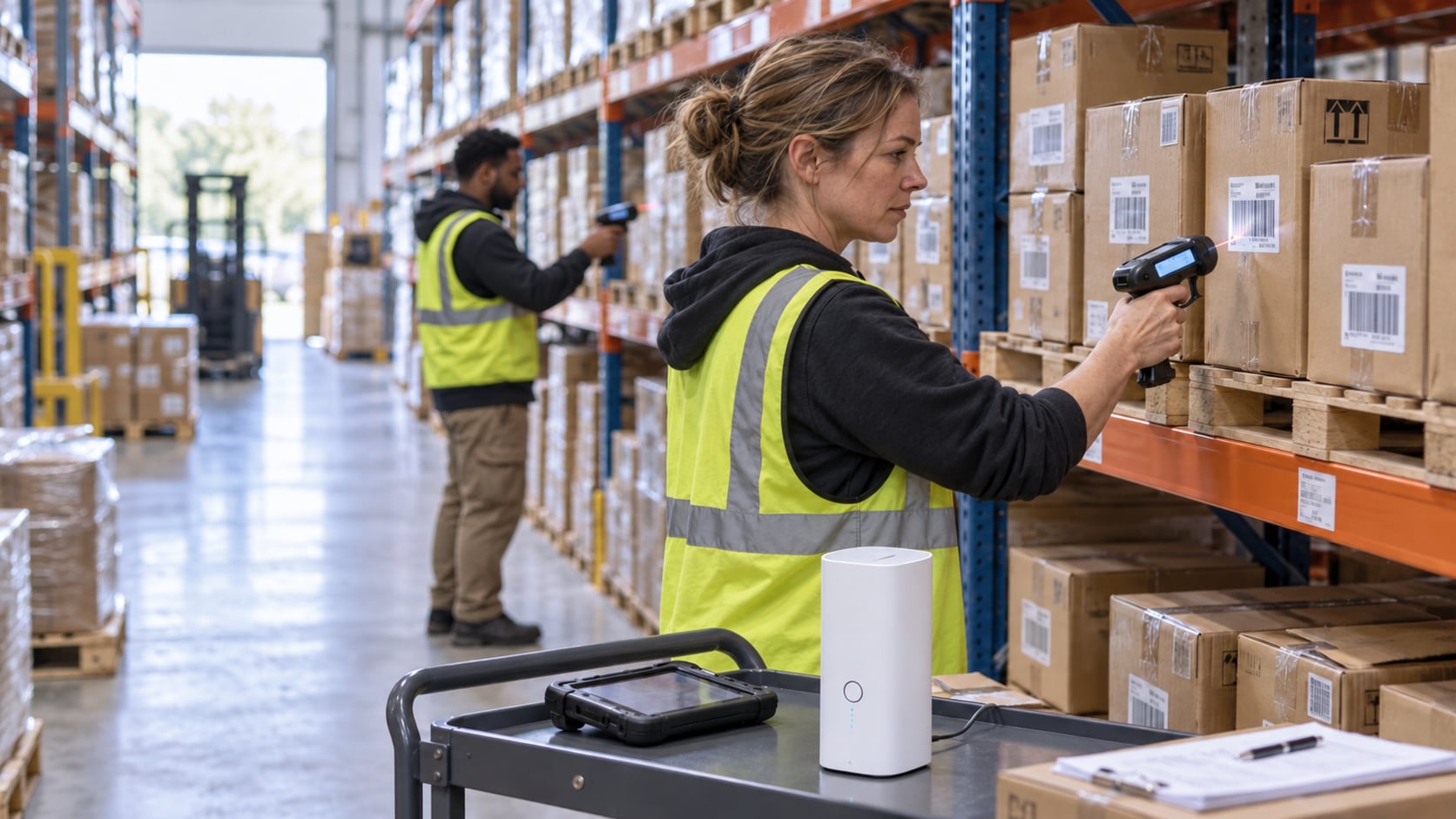Illustrative scene: Warehouse inventory workers scanning barcoded cartons beside a white NomadsFi R4Pro global CPE router on an inventory trolley.