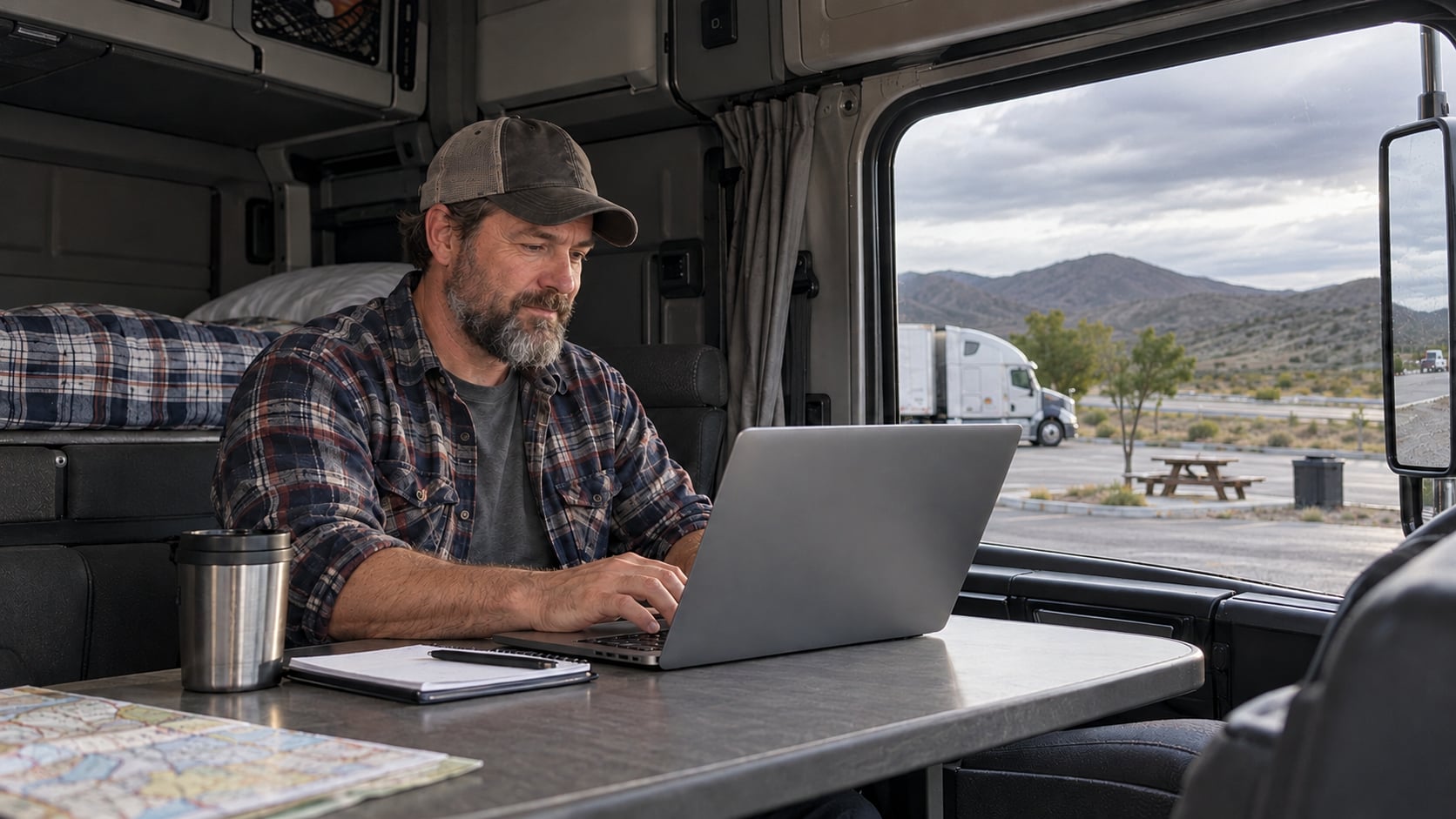 AI-generated editorial image of a truck driver using a laptop in a parked sleeper cab during a road-trip rest stop