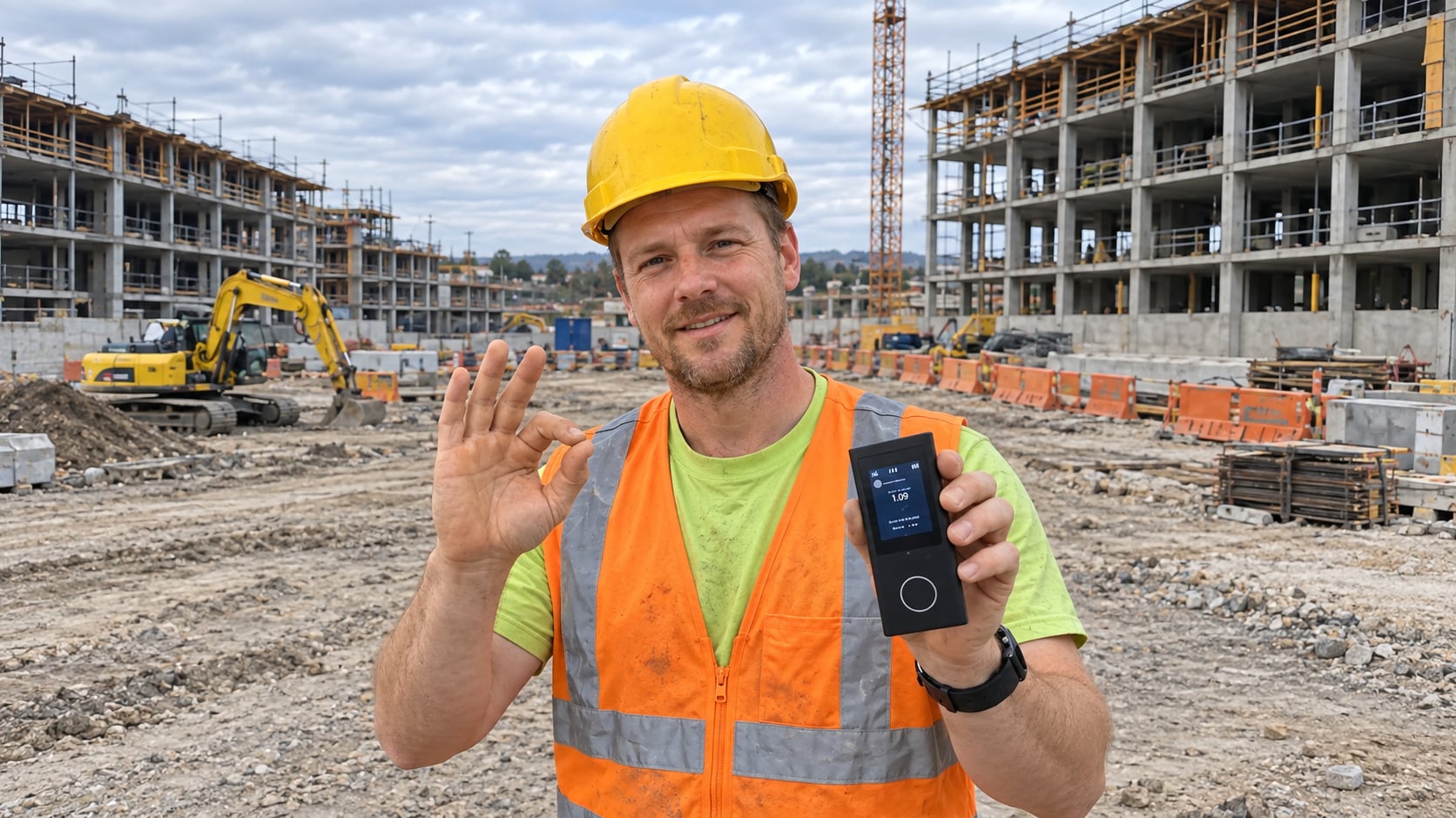 Illustrative scene: A construction worker wearing a hard hat and safety vest holds a NomadsFi portable WiFi hotspot at a jobsite.