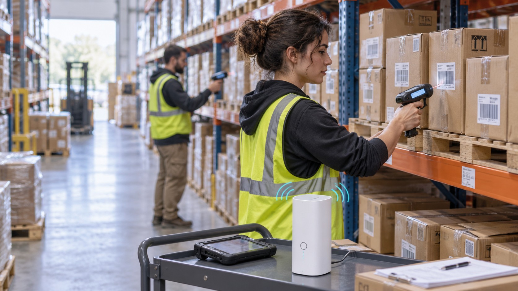 Warehouse inventory workers scanning barcoded cartons beside a white NomadsFi R4Pro global CPE router on an inventory trolley.