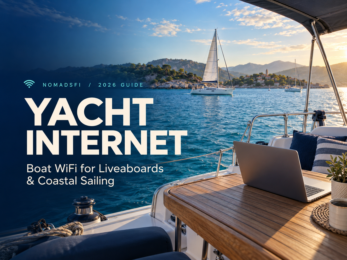 Laptop aboard a yacht at a coastal anchorage, illustrating yacht internet for liveaboards and coastal sailing.