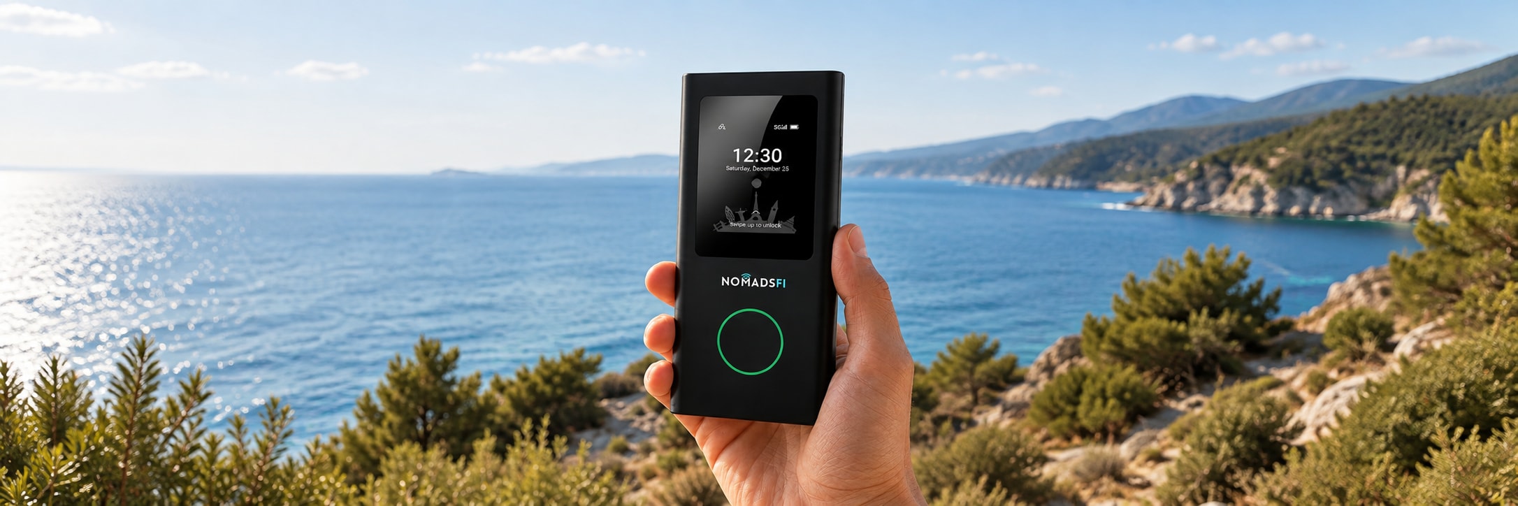 NomadsFi PocketFi 5G portable WiFi hotspot held at a coastal overlook, with the complete device visible.