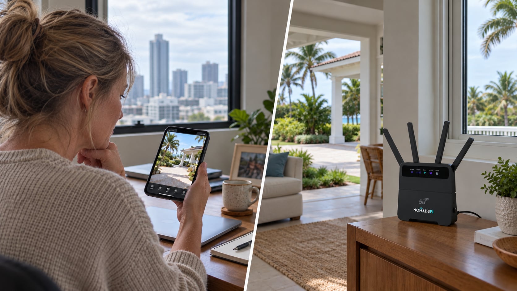Illustrative scene: An owner checking a distant vacation home on a phone, with a powered black NomadsFi 5G Router and four antennas illustrated at the property.