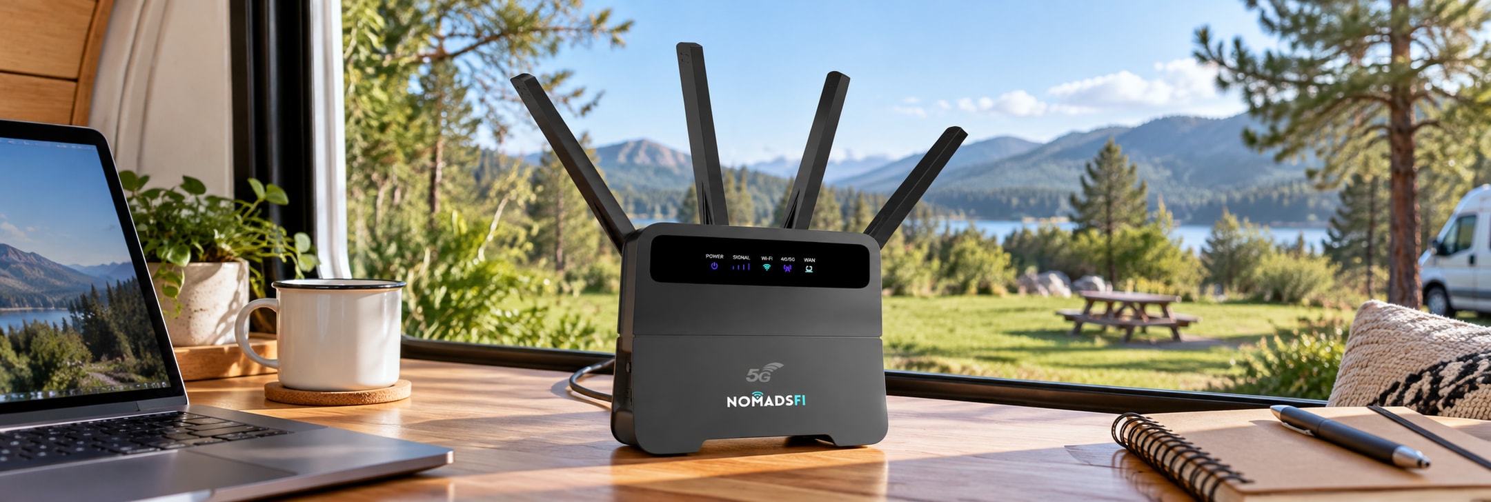 NomadsFi 5G router with four antennas on a campervan desk beside a laptop, overlooking a mountain campsite.