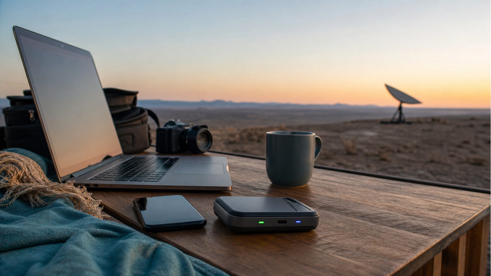 Portable WiFi hotspot on a travel desk with a distant satellite internet dish for a NomadsFi and Starlink comparison