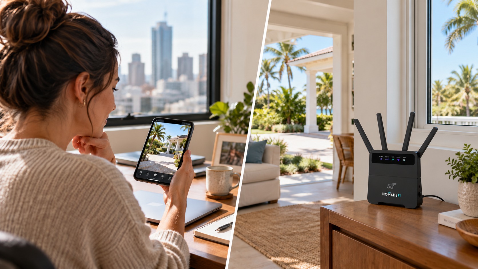 An owner checking a distant vacation home on a phone, with a powered black NomadsFi 5G Router and four antennas illustrated at the property.